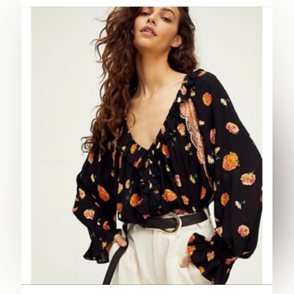 Free People |‎ Poppy Print Bodysuit | Black | Women’s Size Small